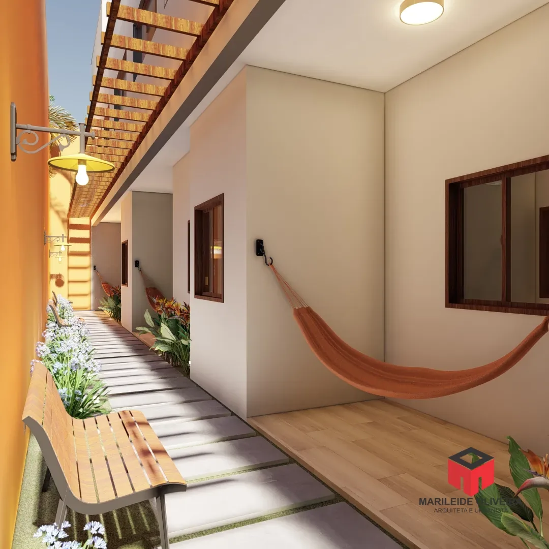 Área externa lateral com rede e jardim em projeto do acervo