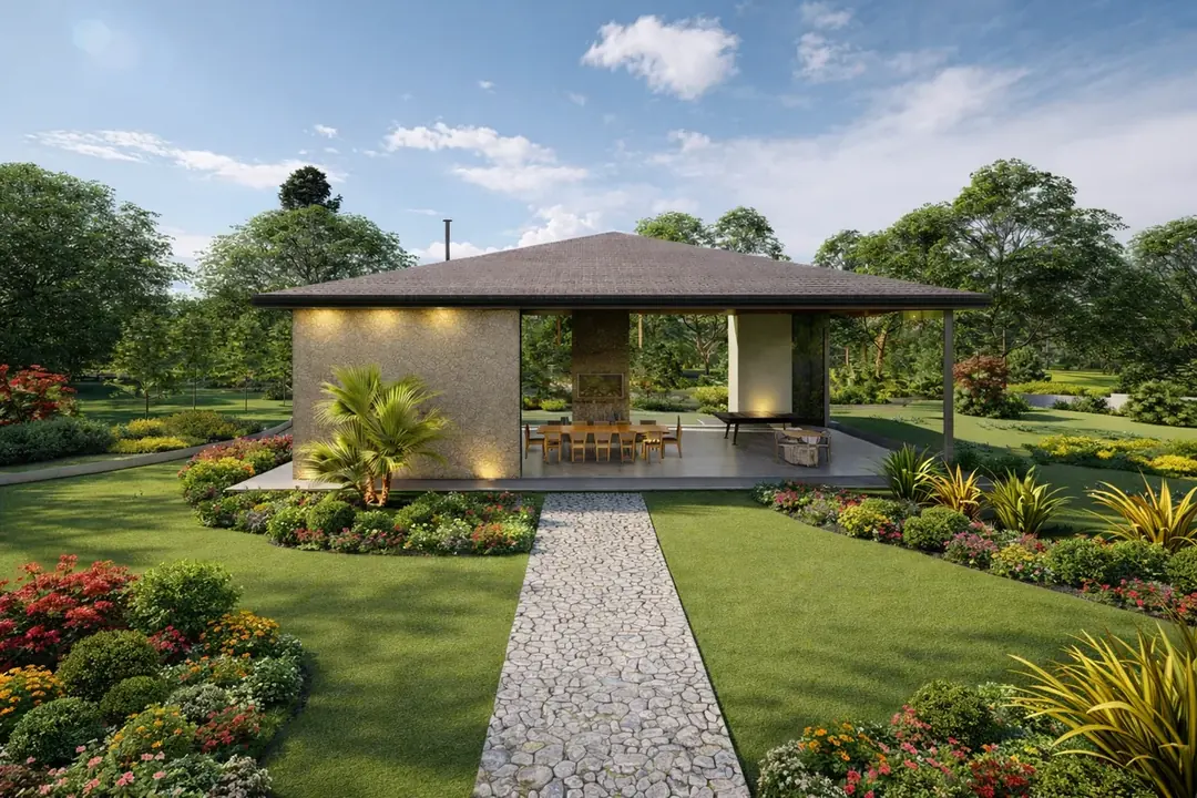 Área gourmet coberta integrada ao jardim em projeto do acervo