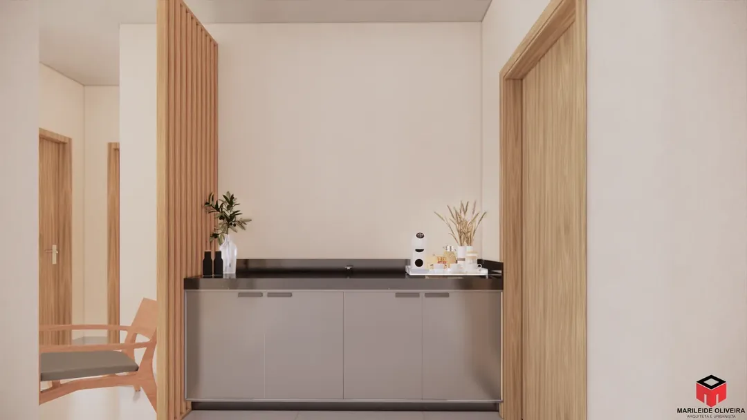 Cozinha com ilha central e revestimento em madeira em projeto de interiores