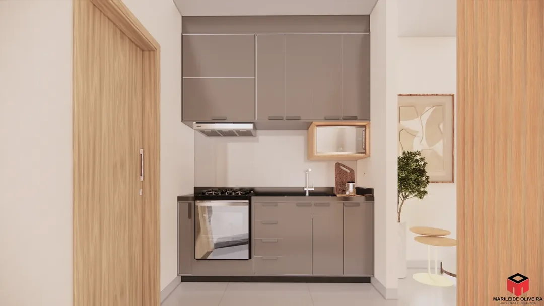 Cozinha integrada com marcenaria planejada e bancada em projeto de interiores