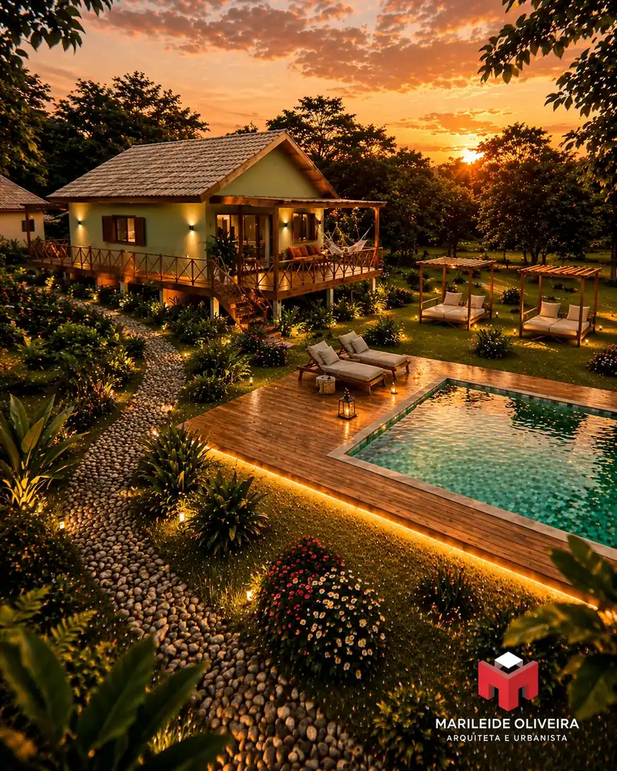 Área de lazer com piscina ao entardecer em projeto do acervo
