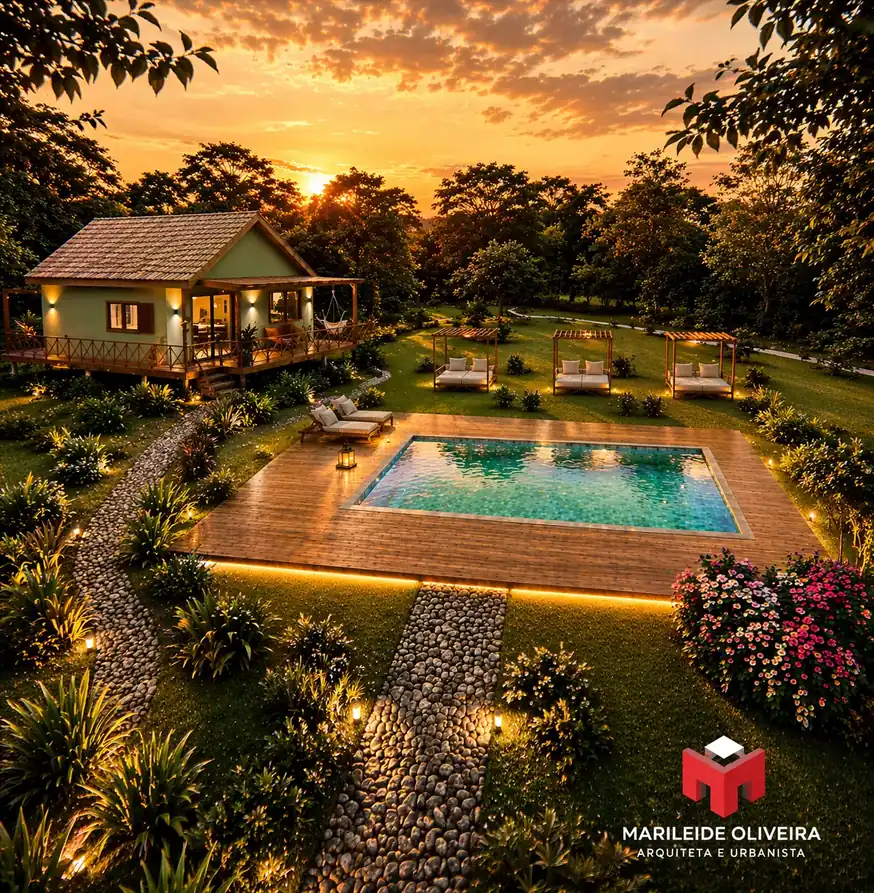 Área de lazer com piscina ao entardecer em projeto do acervo