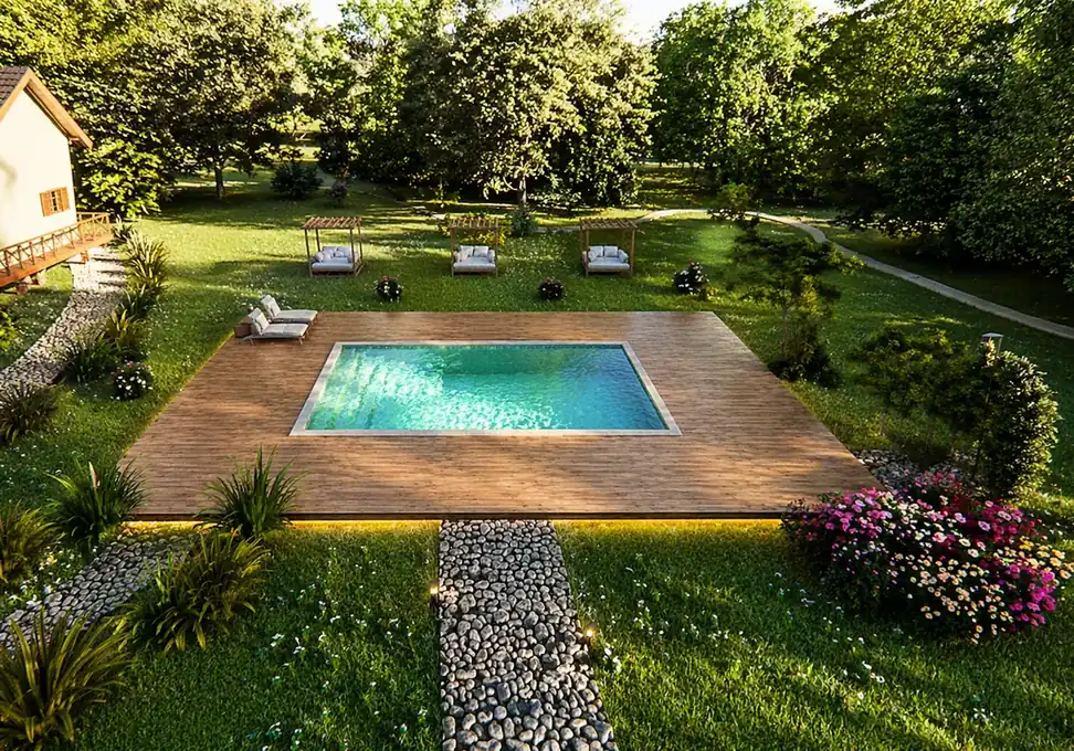 Área de lazer com piscina e deck de madeira em projeto do acervo