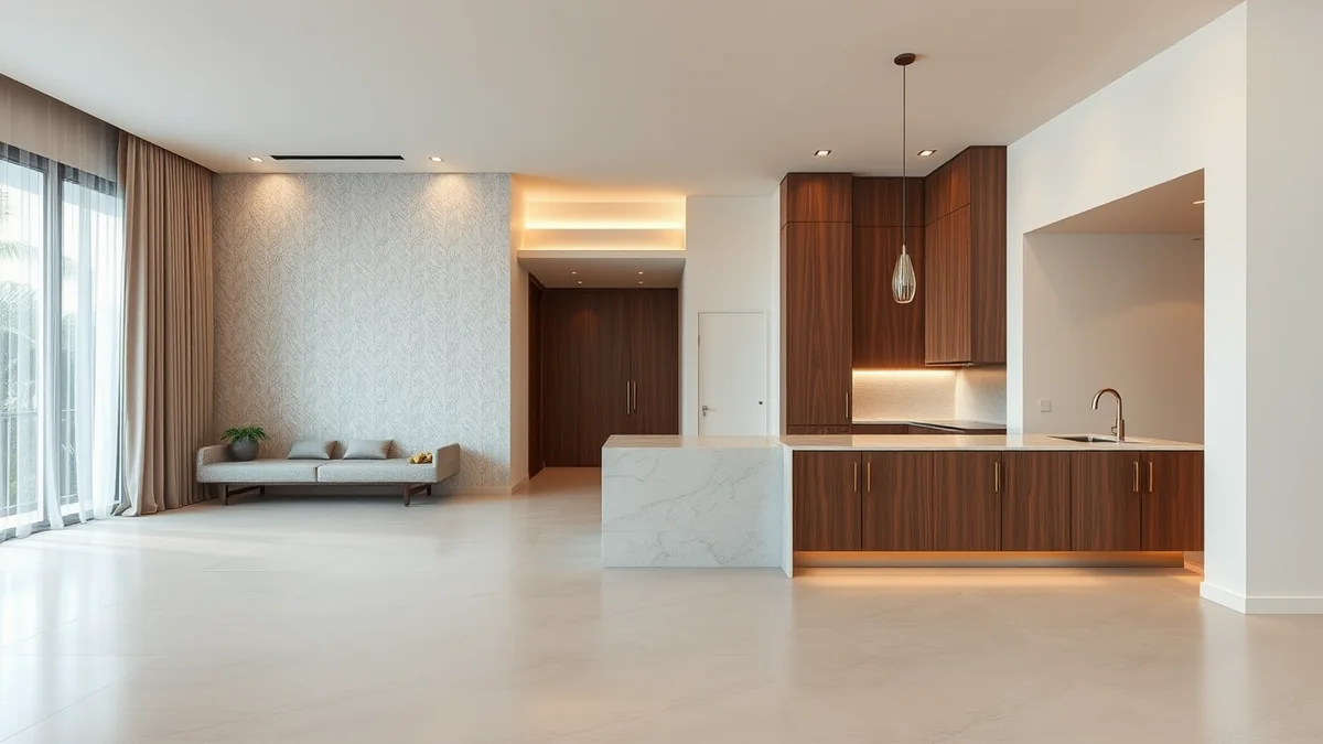 Ambiente contemporâneo brasileiro com revestimento de qualidade na parede, marcenaria sob medida, bancada de pedra e iluminação distribuída em camadas