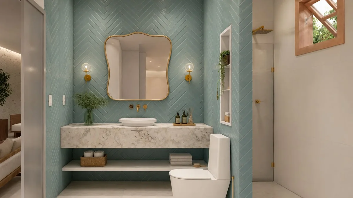 Lavabo compacto com revestimento verde em espinha de peixe subindo até o teto, bancada suspensa de mármore com prateleira embaixo, nicho embutido na parede lateral, espelho de moldura orgânica dourada e metais dourados, projeto de Marileide Oliveira