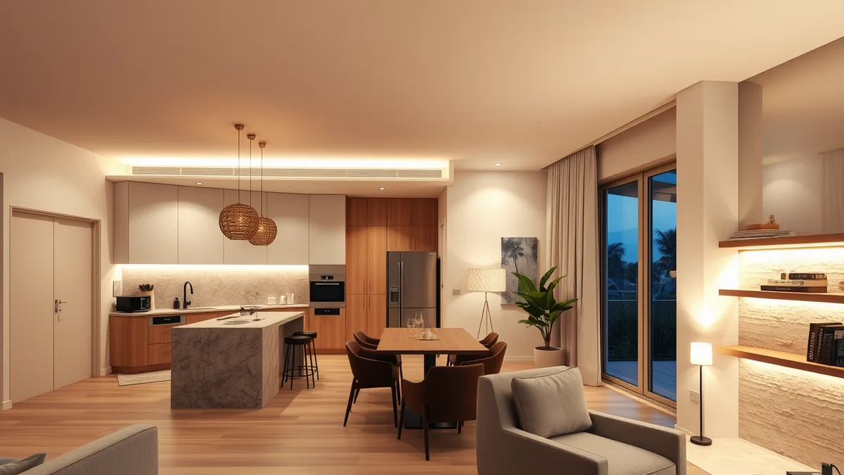 Sala e cozinha integradas com iluminação em camadas: luz ambiente no forro, pendentes sobre a bancada e fita de LED de destaque