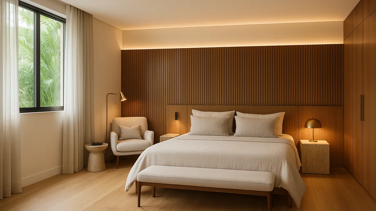 Quarto com painel ripado de madeira e iluminação em camadas