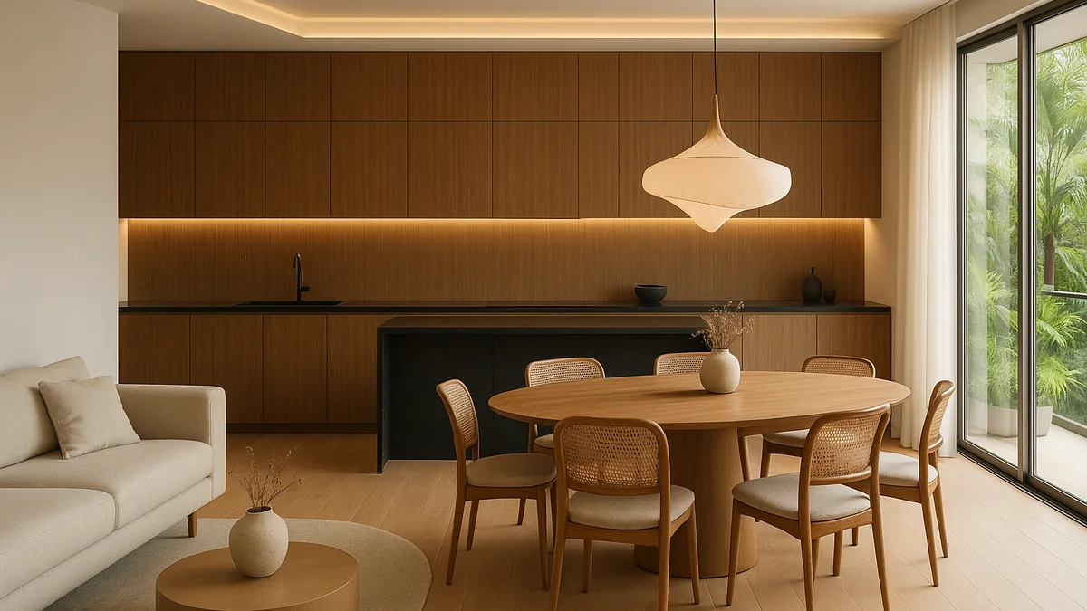 Ambiente integrado com marcenaria planejada e iluminação de tarefa