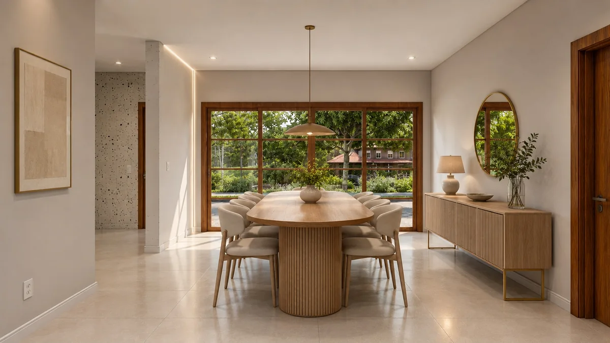 Projeto de sala de jantar com aparador ripado em marcenaria planejada, mesa de madeira e iluminação pensada para o ambiente, por Marileide Oliveira
