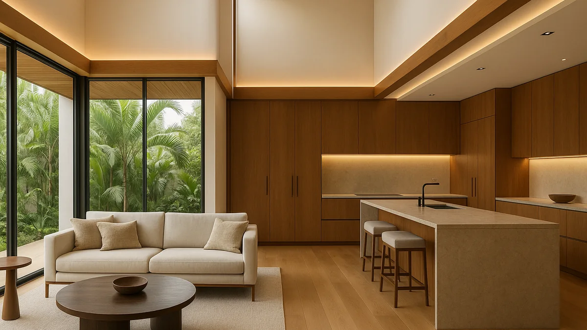 Sala e cozinha integradas com pé-direito alto e iluminação embutida