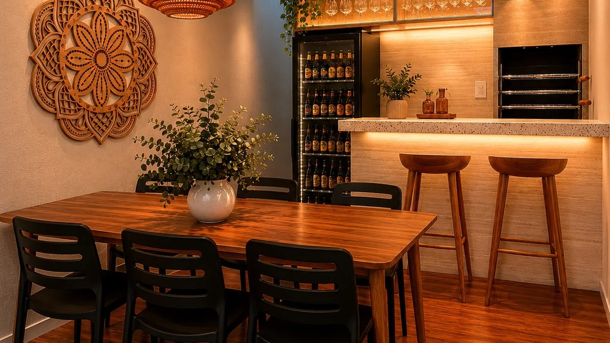 Espaço gourmet com churrasqueira embutida, cervejeira cheia de garrafas, bancada de bar em pedra com banquetas de madeira, mesa com cadeiras pretas e painel de madeira em mandala na parede, projeto de Marileide Oliveira