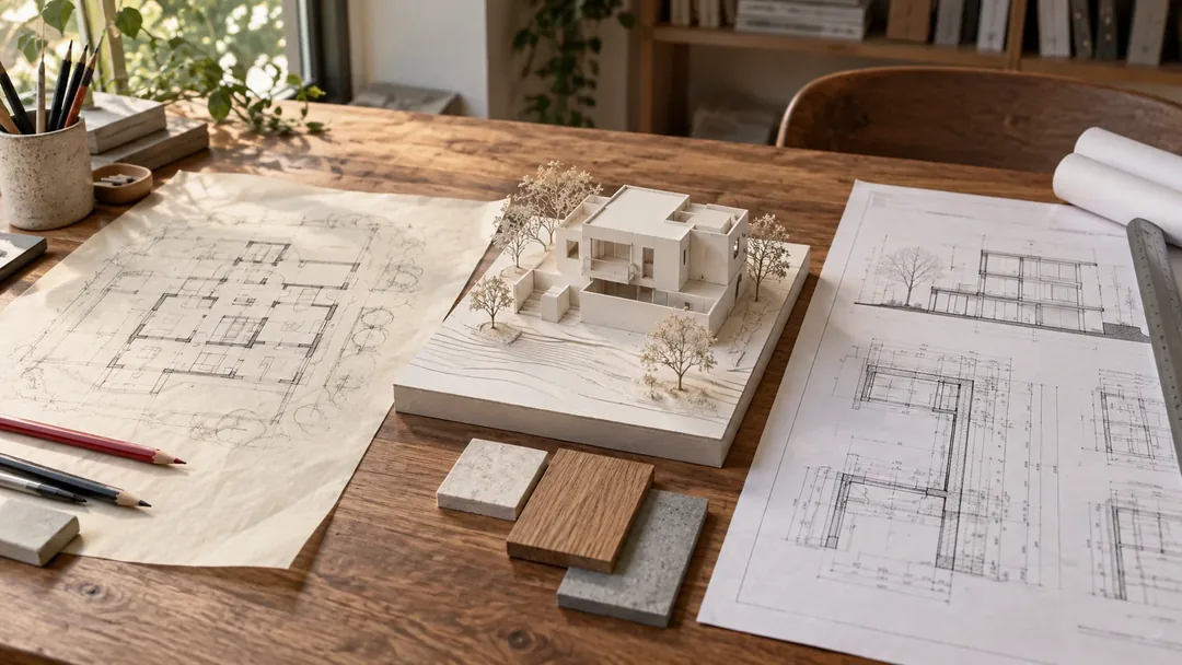 Ilustração gerada por IA com maquete e desenhos, sem representar projeto de cliente