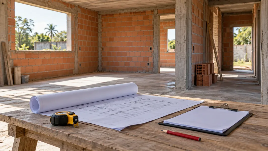 Mesa com desenho e instrumentos em um ambiente em construção