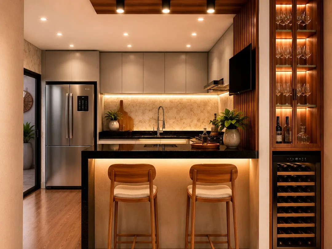 Cozinha do acervo com bancada, armazenamento e iluminação integrada