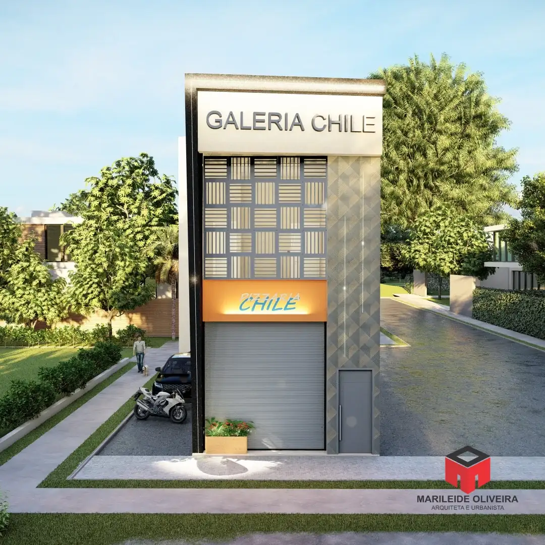 Visualização de fachada comercial com acesso frontal e identificação da galeria