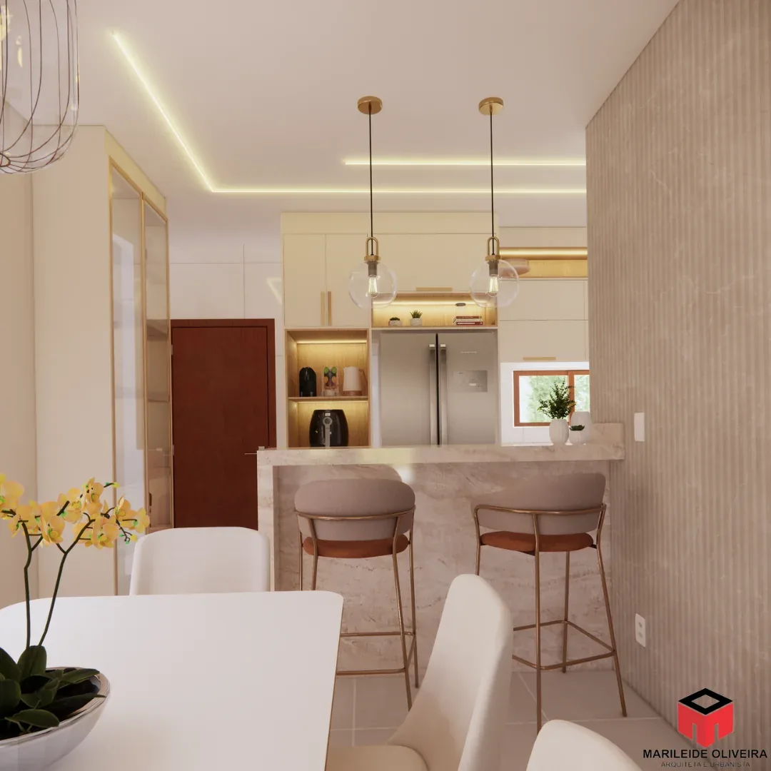 Visualização de cozinha e jantar integrados com bancada e marcenaria