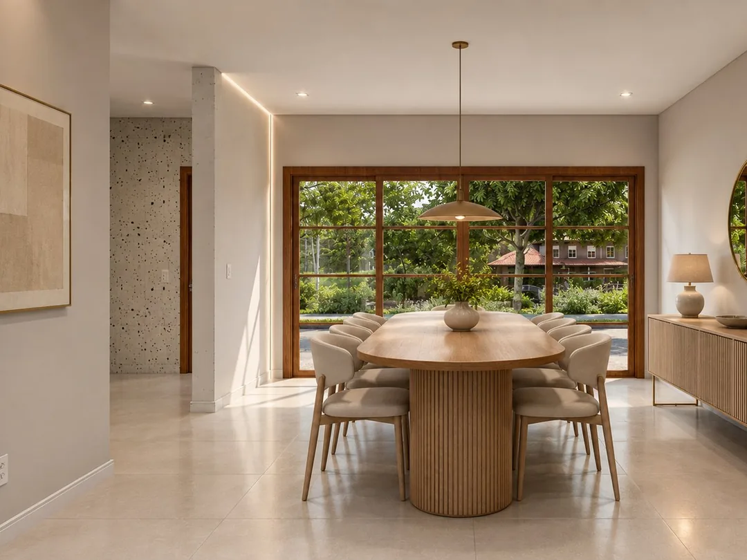 Sala de jantar integrada com mesa oval de madeira, cadeiras claras, buffet ripado e porta de vidro para o jardim